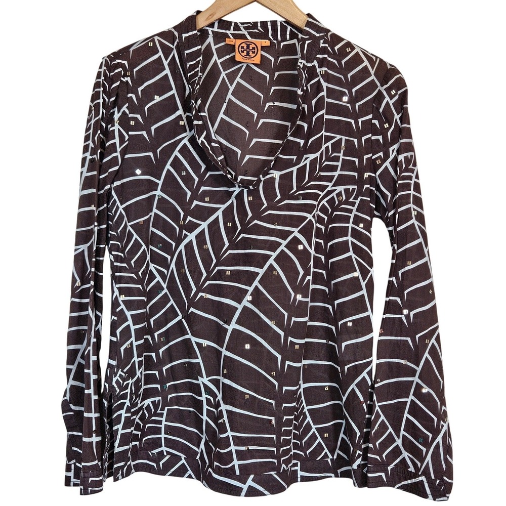 Tory Burch Split Neckline Long Sleeve Top Sequins Women's Size 6 Resort Vacation
